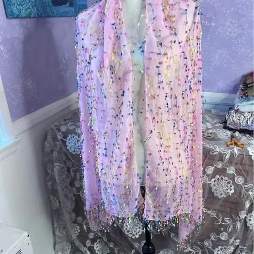 100% SILK Scarf, Baby Pink with Colorful Tassels